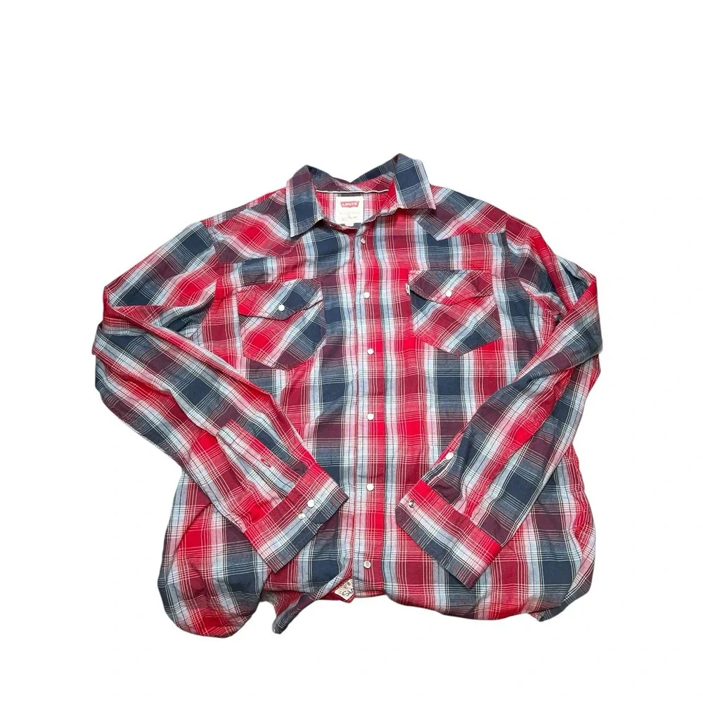Levi modern‎ men's button-down shirt pearl snap plaid Size Large Red And Black