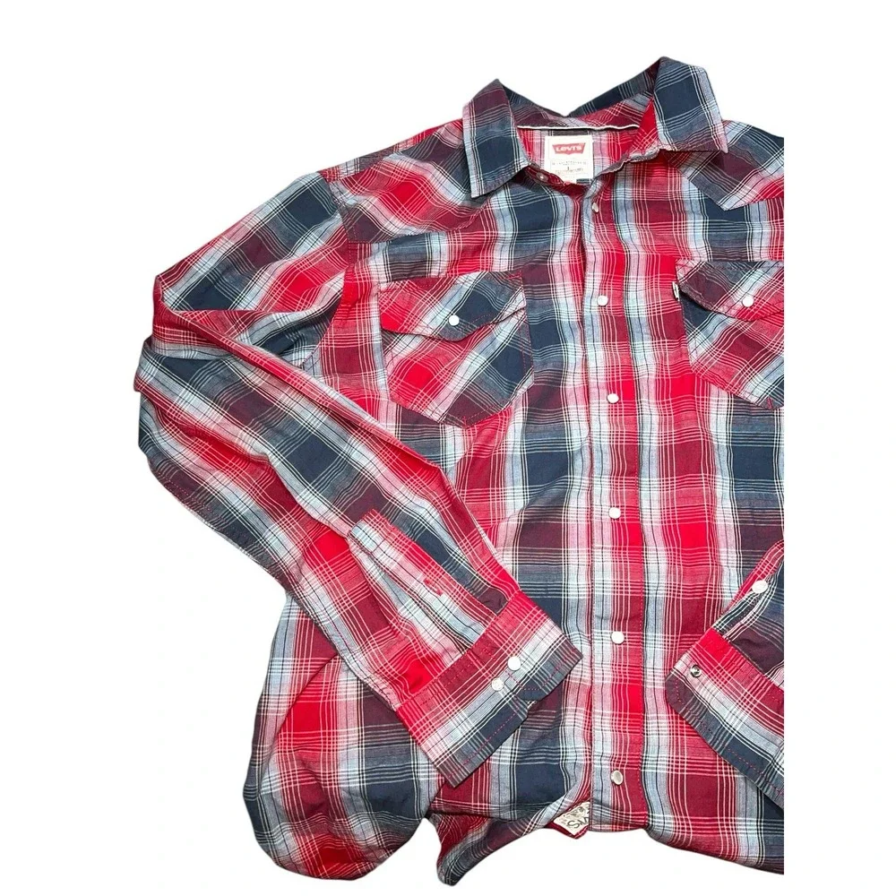 Levi modern‎ men's button-down shirt pearl snap plaid Size Large Red And Black