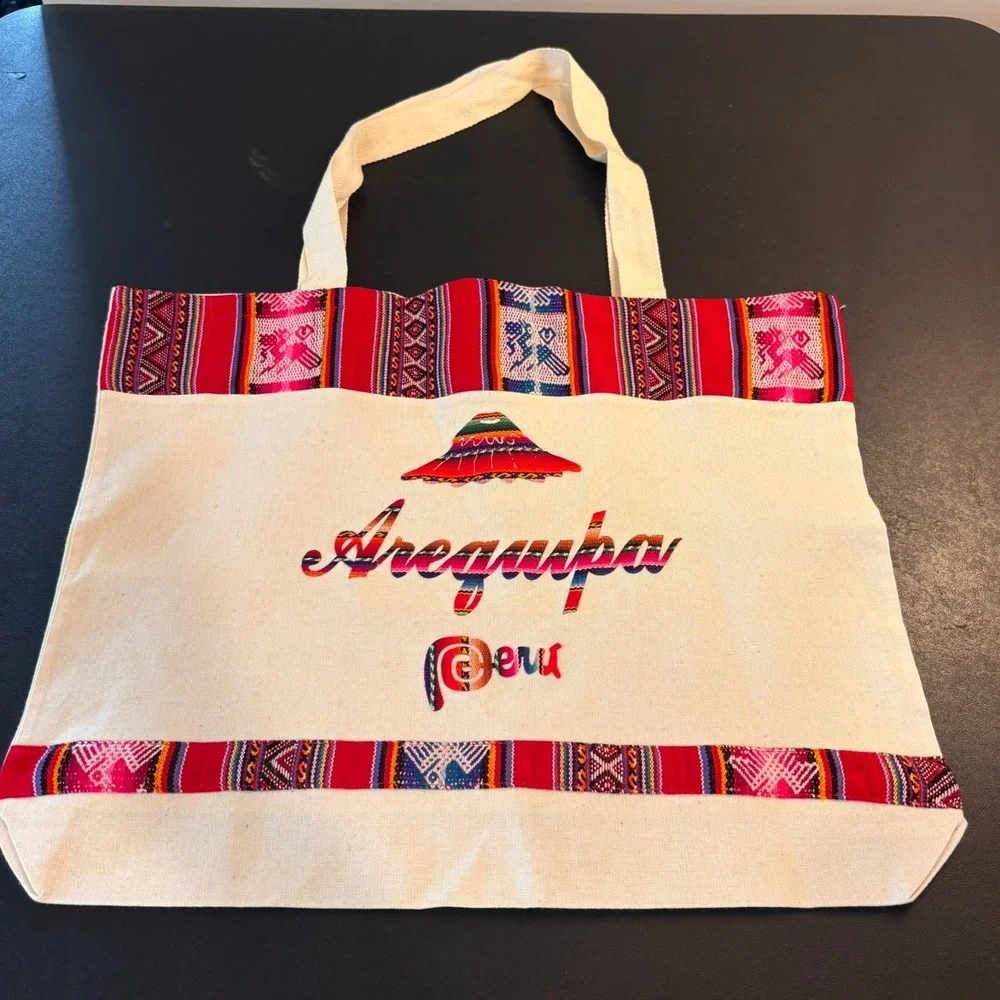 Arequipa‎ Peru Embroidered Beige Canvas Tote Bag NWOT