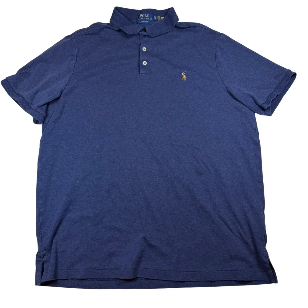 Polo Ralph Lauren Mens XL Classic‎ Fit Navy Blue Heather Cotton Polo Shirt Logo