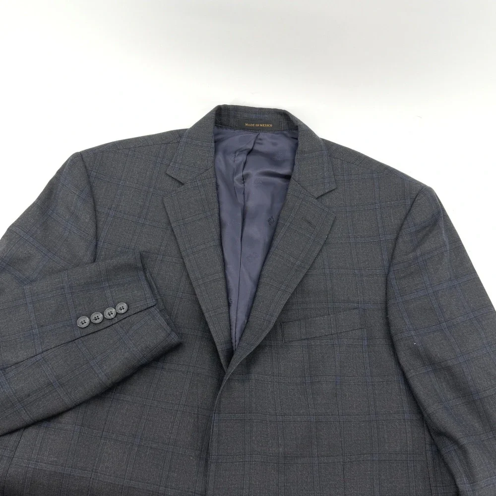 Jos. A. Bank Reserve Mens 42 Long Silk Wool Windowpane Blazer Charcoal Grey Blue