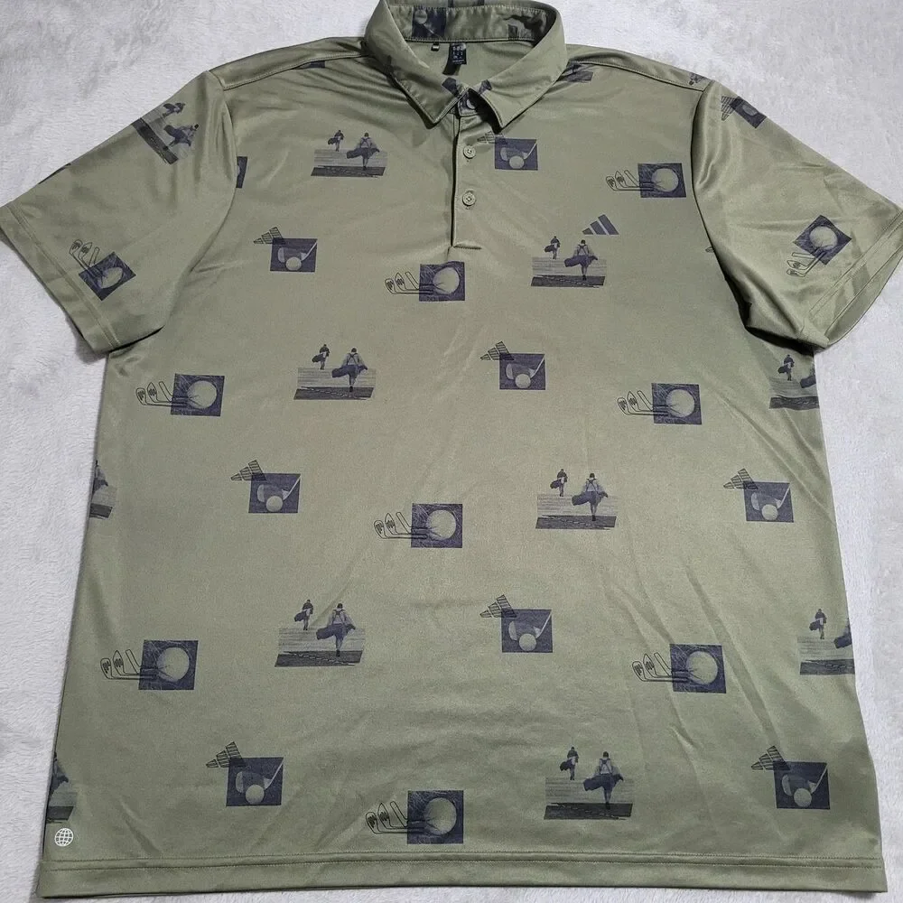 Adidas Polo Shirt Mens XL Green Golf Graphic Print Performance Moisture Wicking