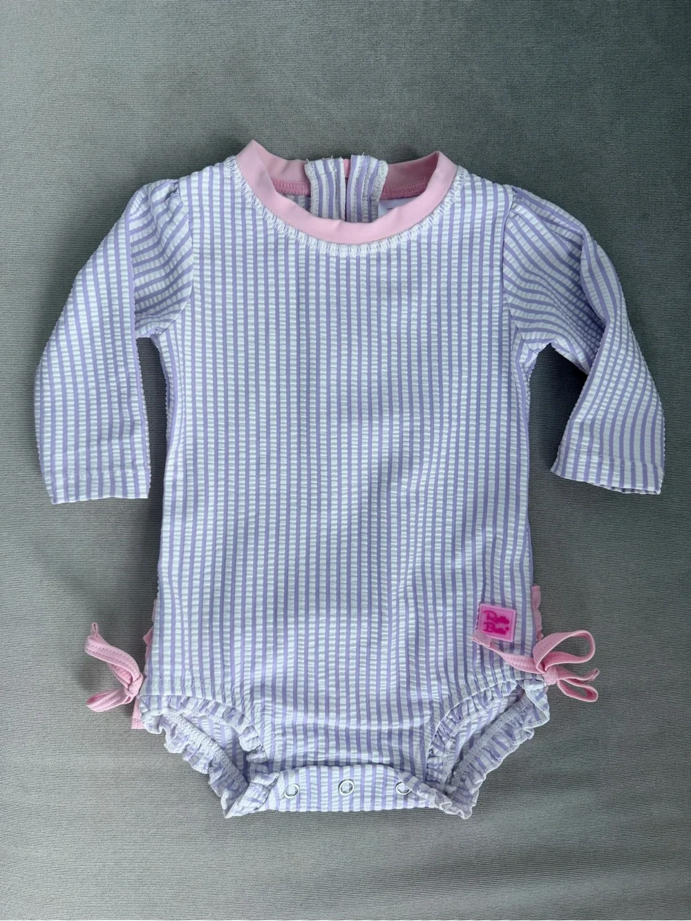 Ruffle Butts Lavender Seersucker Long-Sleeve One-Piece Swimsuit 3-6 EUC