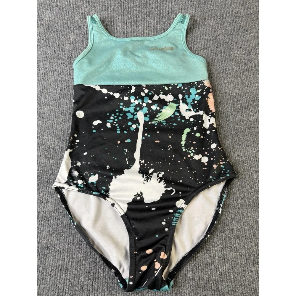 Justice Girls One Piece Swimsuit S 7/8 Black Multi Paint‎ Splash