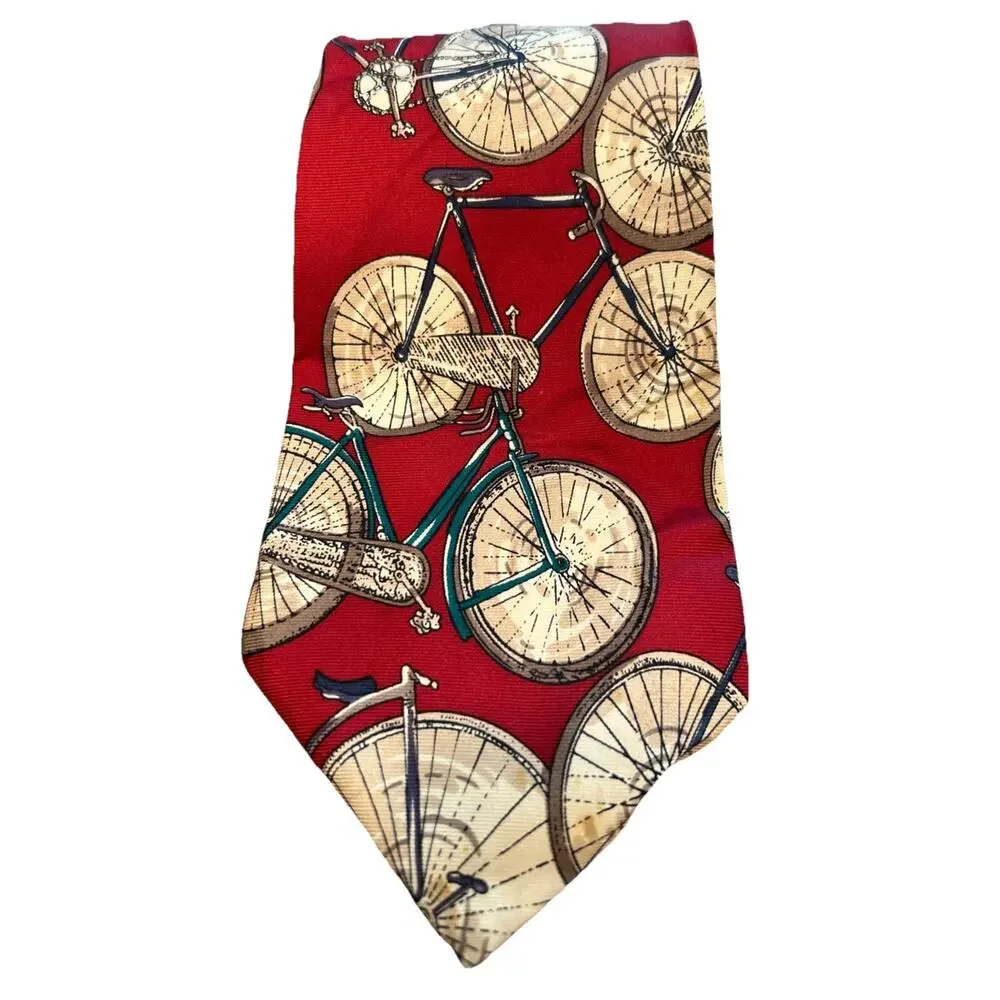 Andre Gianni Men’s Red Silk Tie‎ Bicycle Schwinn Bikes Print 3.75” Made In USA
