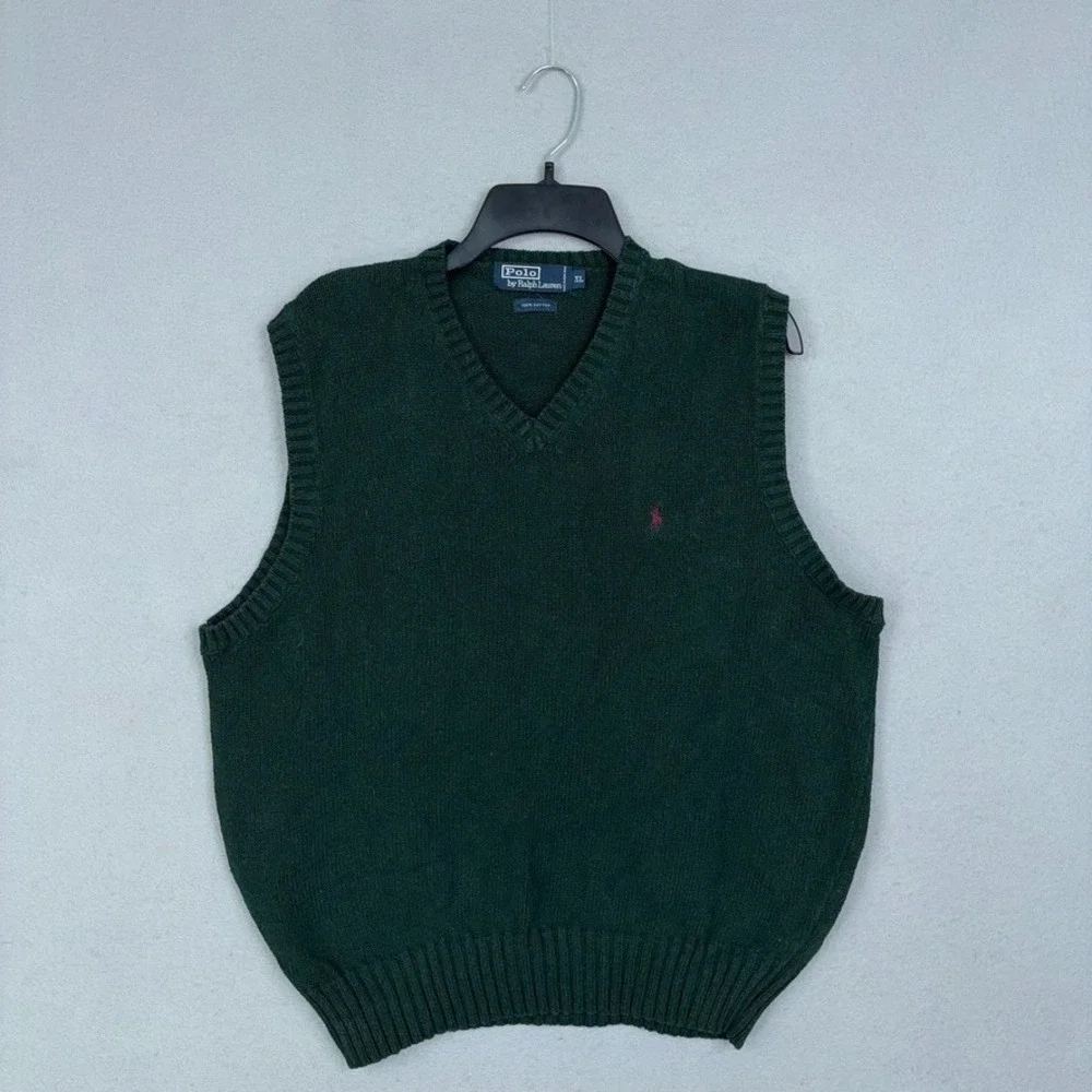 Vintage Polo Ralph Lauren Sweater Vest Mens XL Green Cotton VNeck Preppy Classic