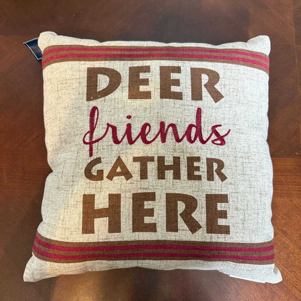 Rustic Farmhouse Christmas Pillow Deer Friends Gather Here Winter‎ Decor 16x16