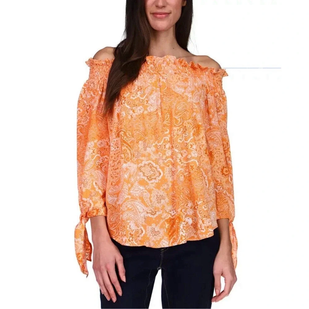 Michael Kors Large Orange Paisley Off The Shoulder Blouse Peasant Top‎