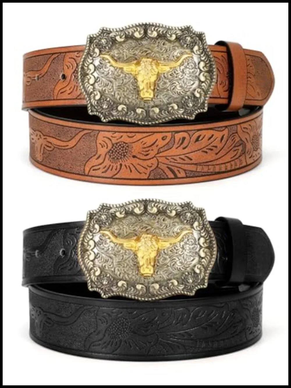 2 Pack Western Cowboy Belts Faux Leather PU Leather Longhorn Bull Buckle