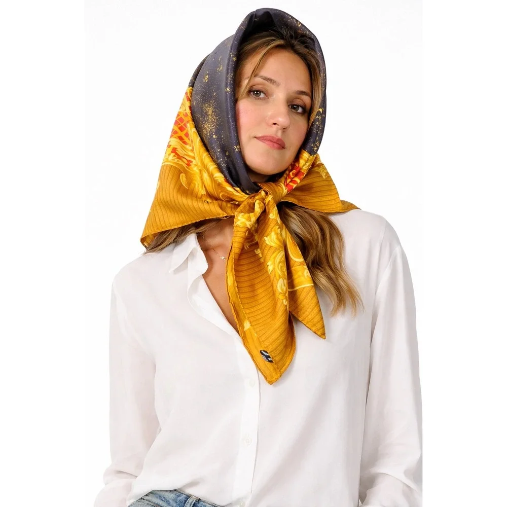 Silk Scarf Baroque Gold Navy‎ Red Made in Italy Square 34