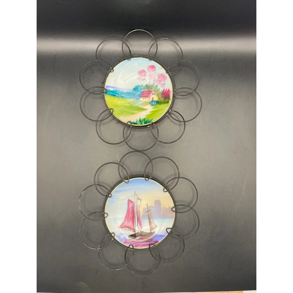 Vintage Japan Wall‎ Decor Plates Metal Flower Frame Cottage Sailboat 7