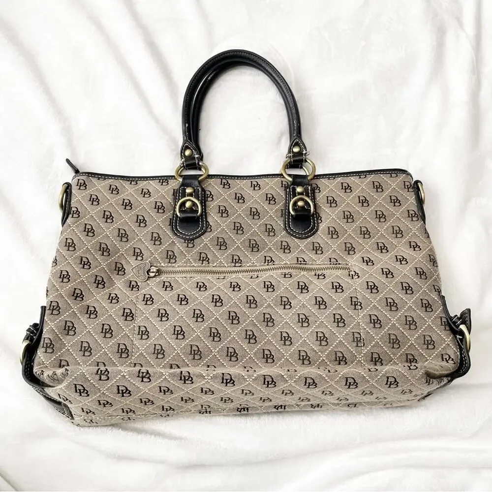 Dooney & Bourke tan logo brown large satchel zippers inner pockets