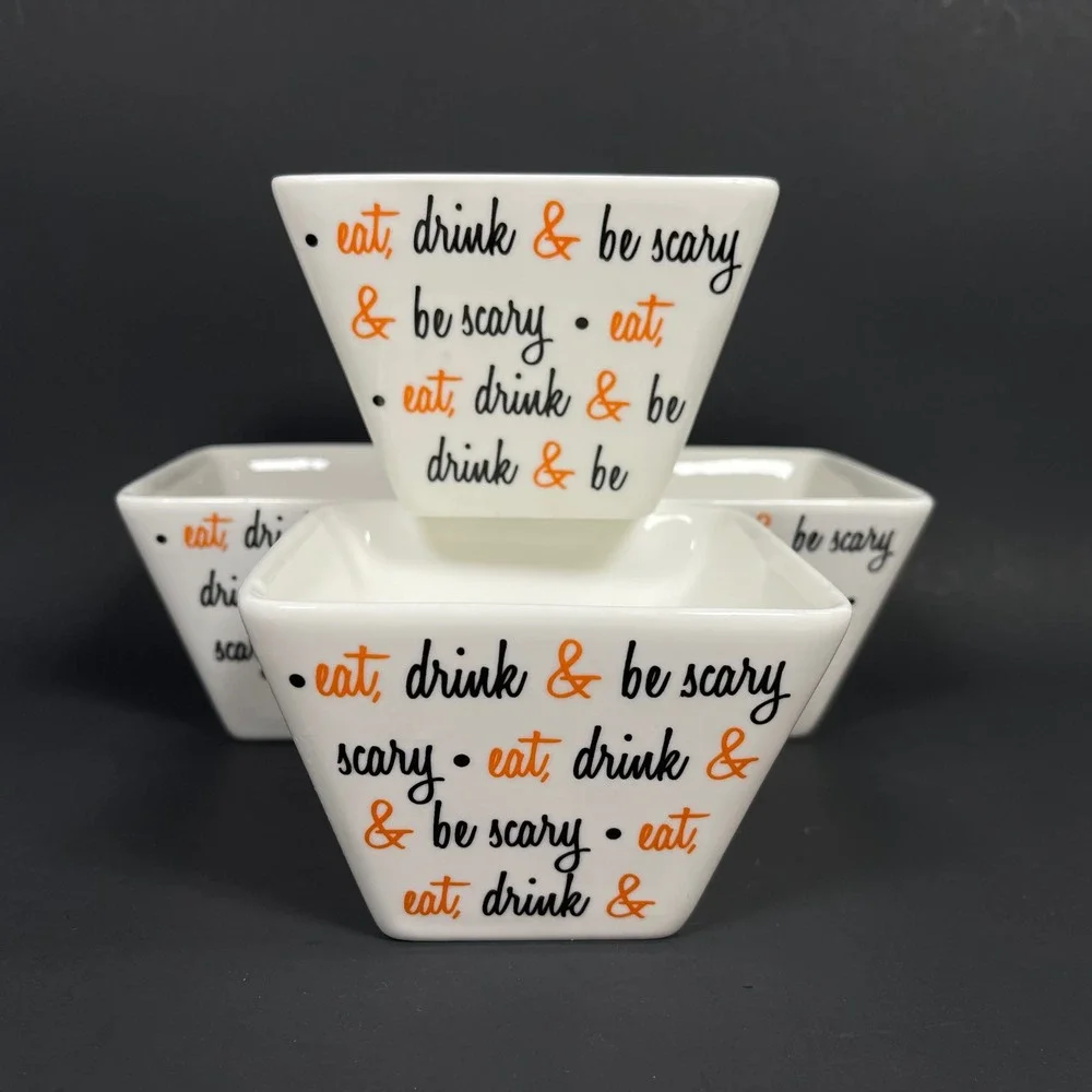 Ciroa Simple Serve Halloween Bowls White Eat Drink Be Scary Porcelain Set of 4