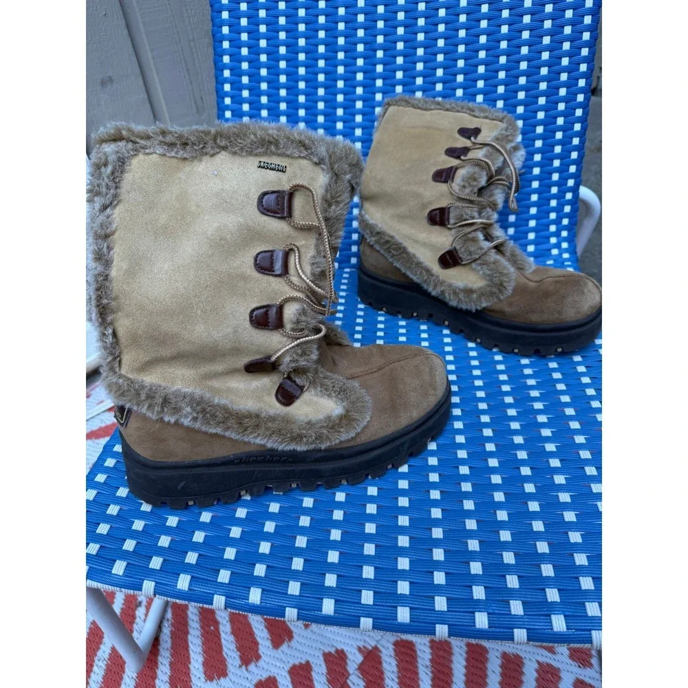 Sketchers Outdoor Tan Suede Faux Fur Trim‎ Winter Boots Lug Sole 45708 Womens 10
