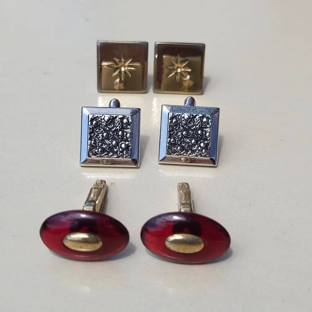 Vintage Mixed Metal Resin Cufflinks Lot Gold Silver Red Starburst Textured