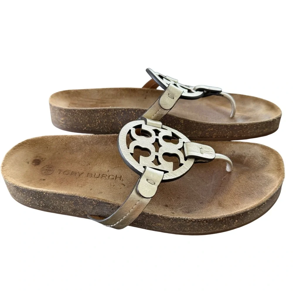 Tory Burch Miller Cloud Metallic Gold Leather Thong Sandals‎ 7.5M