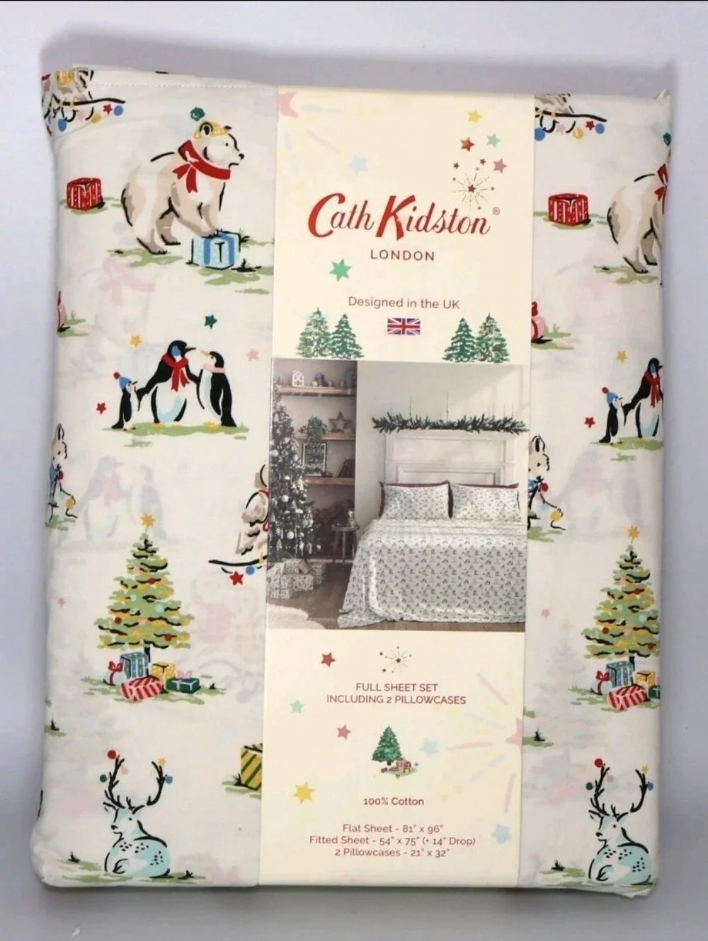 Cath Kidston London Full Size Sheet Set, Christmas Animals Cream, 100% Cotton