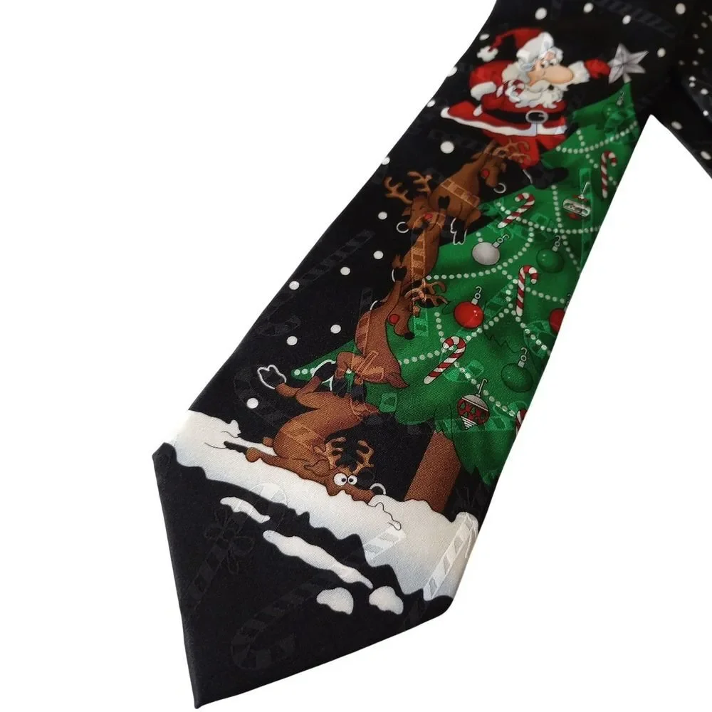 Hallmark SpecialTies Mens Black Silk Christmas Santa Reindeer Holiday Necktie