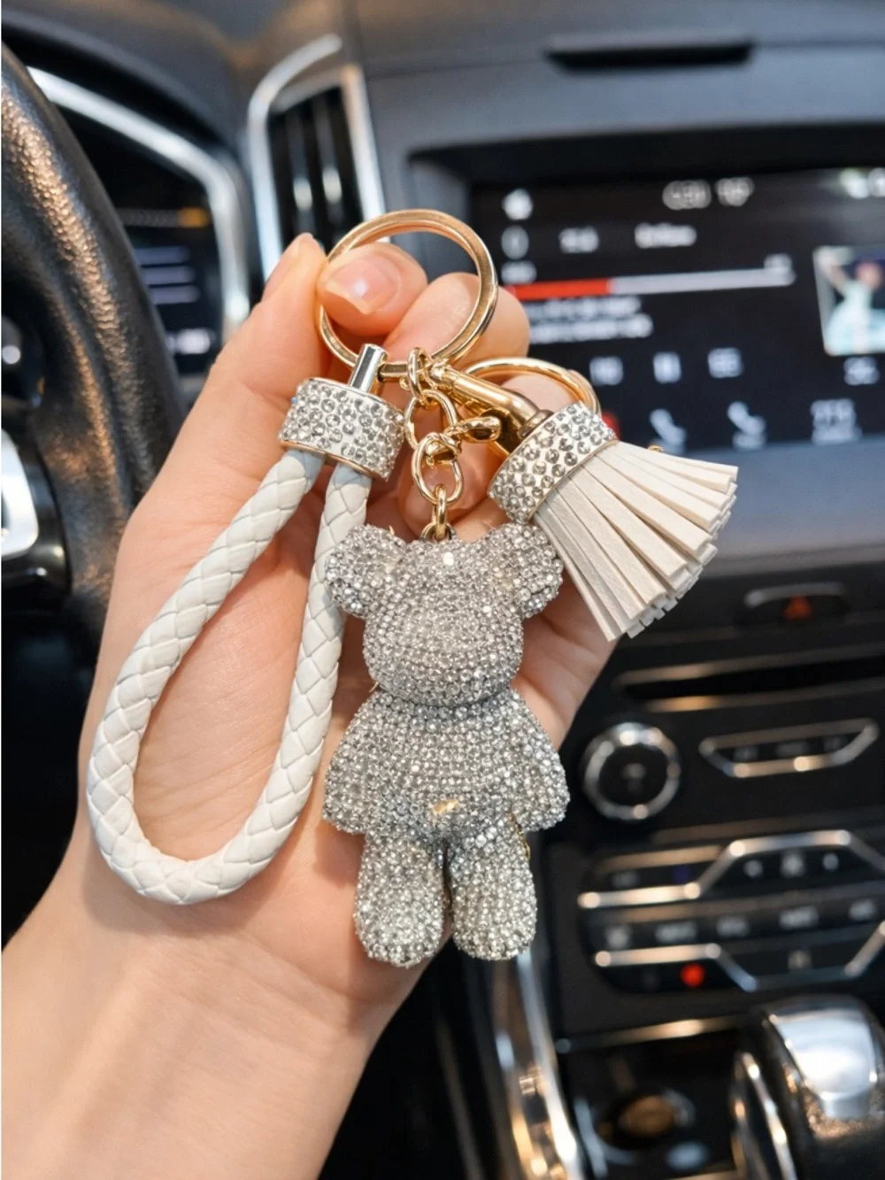 Rhinestone Bear Keychain AB Crystal White Braided Strap Tassel Bag Charm