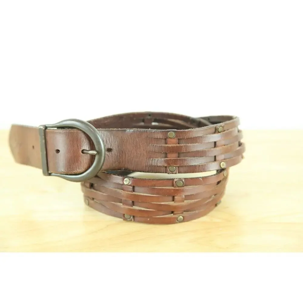 Hollister Brown Leather Belt XS S‎ Wide Woven Chunky Boho Western Y2K Cowgirl