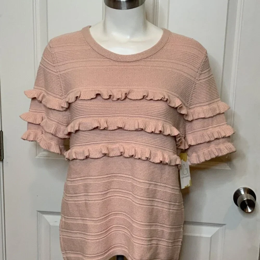 Kate Spade Pale Pink Ruffle Striped Short Sleeve Sweater, Size M
