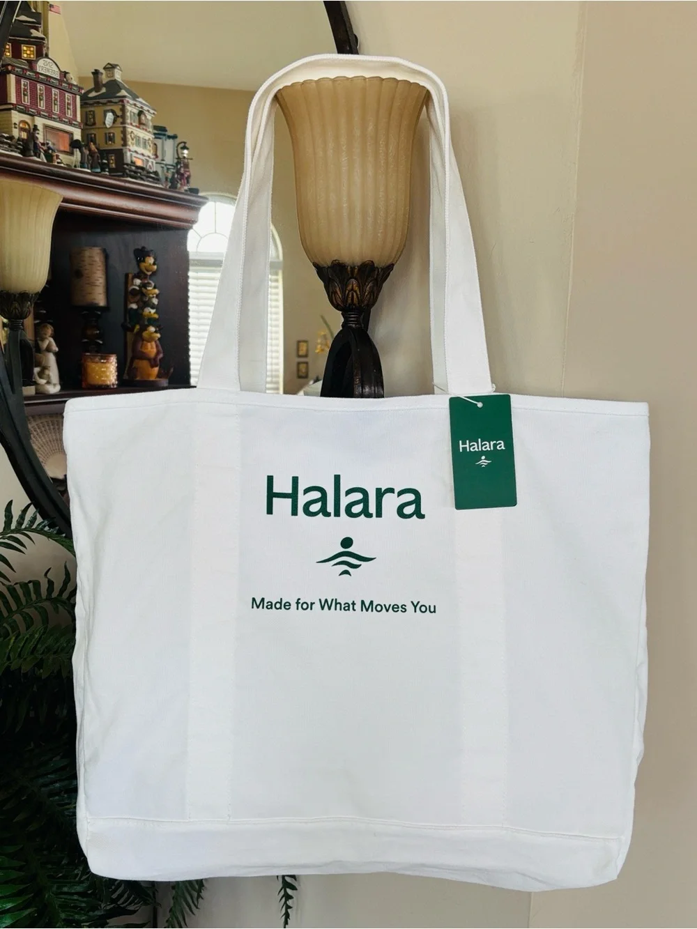 Brand New HALARA White Canvas Tote Green Logo Large Shoulder Bag Gym Casual