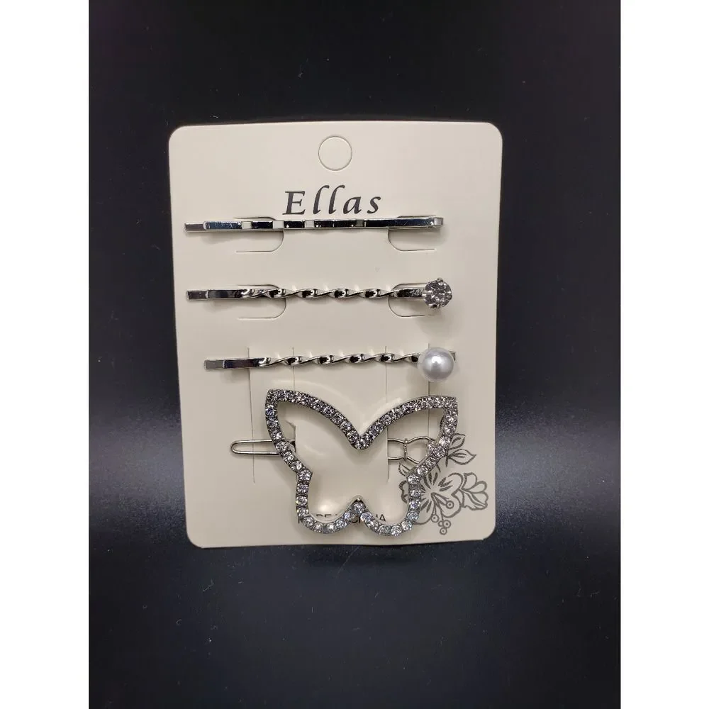 Silver rhinestone Butterfly pearl bobby pins