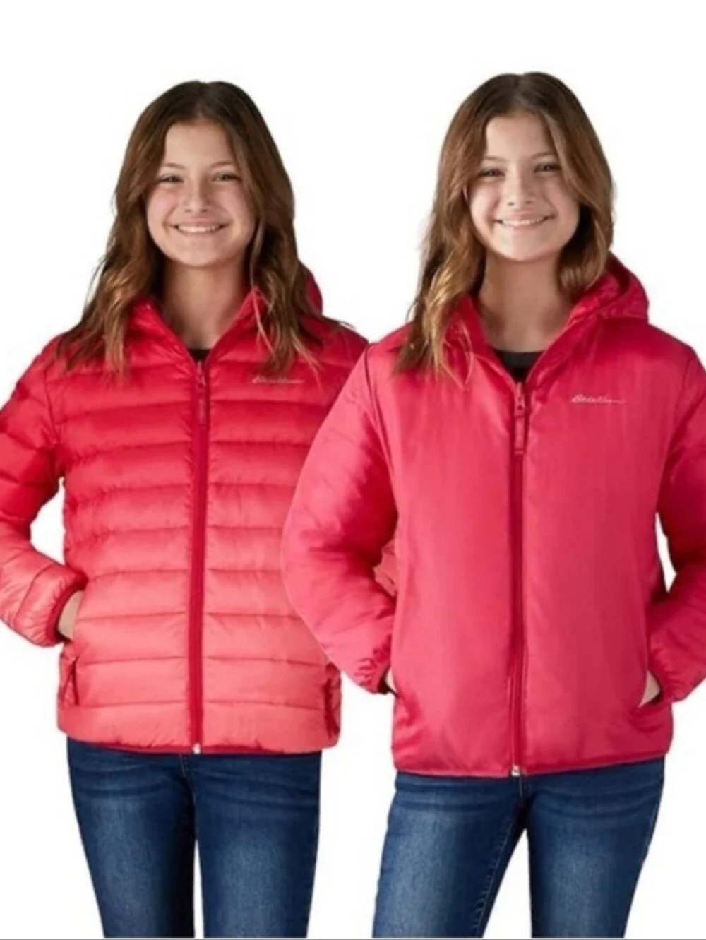 Eddie Bauer Girls Small 7/8 Pink Ombre Reversible Hooded Down Jacket