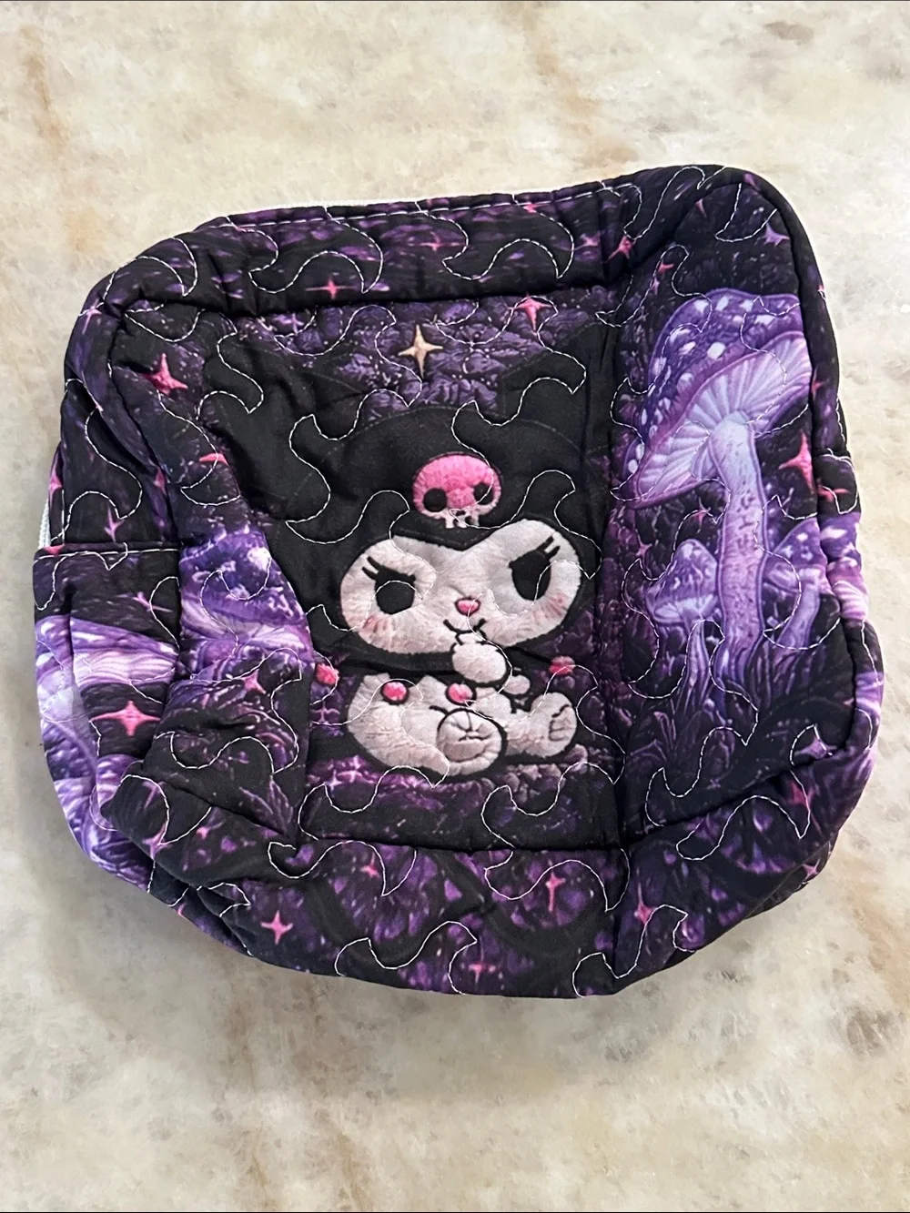 Sanrio Kuromi Purple Quilted Cosmetic Pouch with Mushroom Print