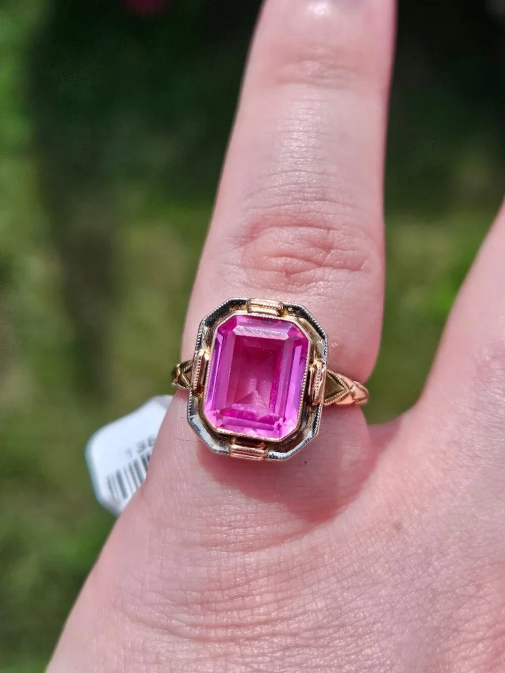 Vintage 10K Yellow Gold Pink Ice Topaz Emerald Cut Cocktail Ring Size 5.75