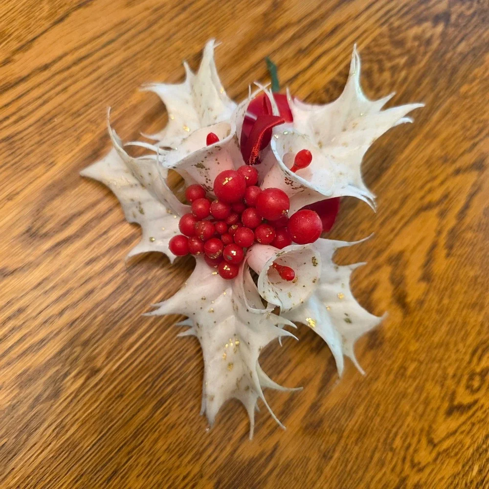 Vintage Christmas Holly Plastic Flocked White Gold Glitter Red Berries MCM Retro