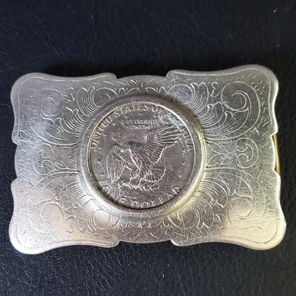 Vintage 1972 Eisenhower Dollar Coin Belt Buckle Nickel Silver Western Engraved