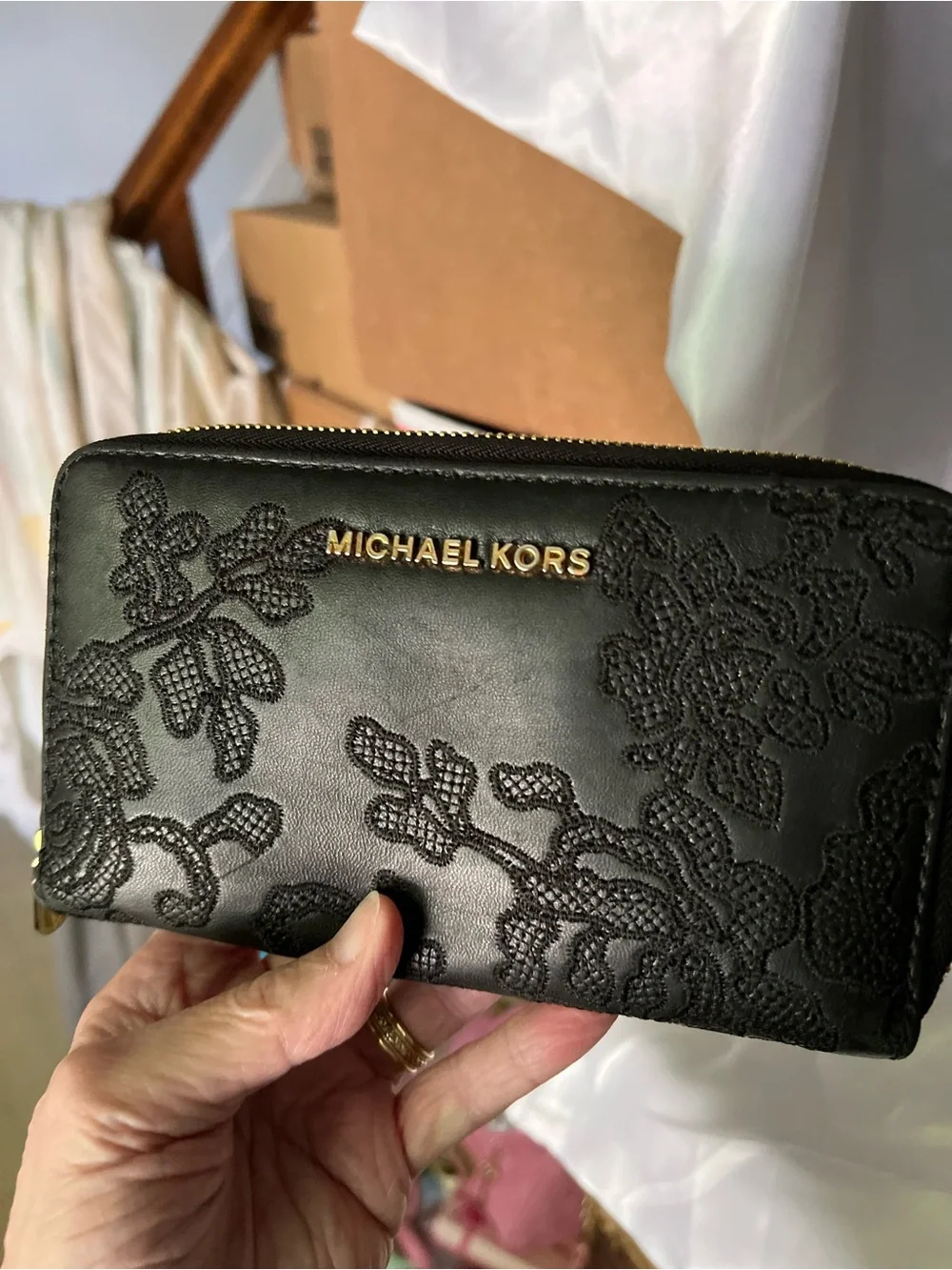 Michael Kors Black Floral Lace Zip-Around Wallet with Gold Logo