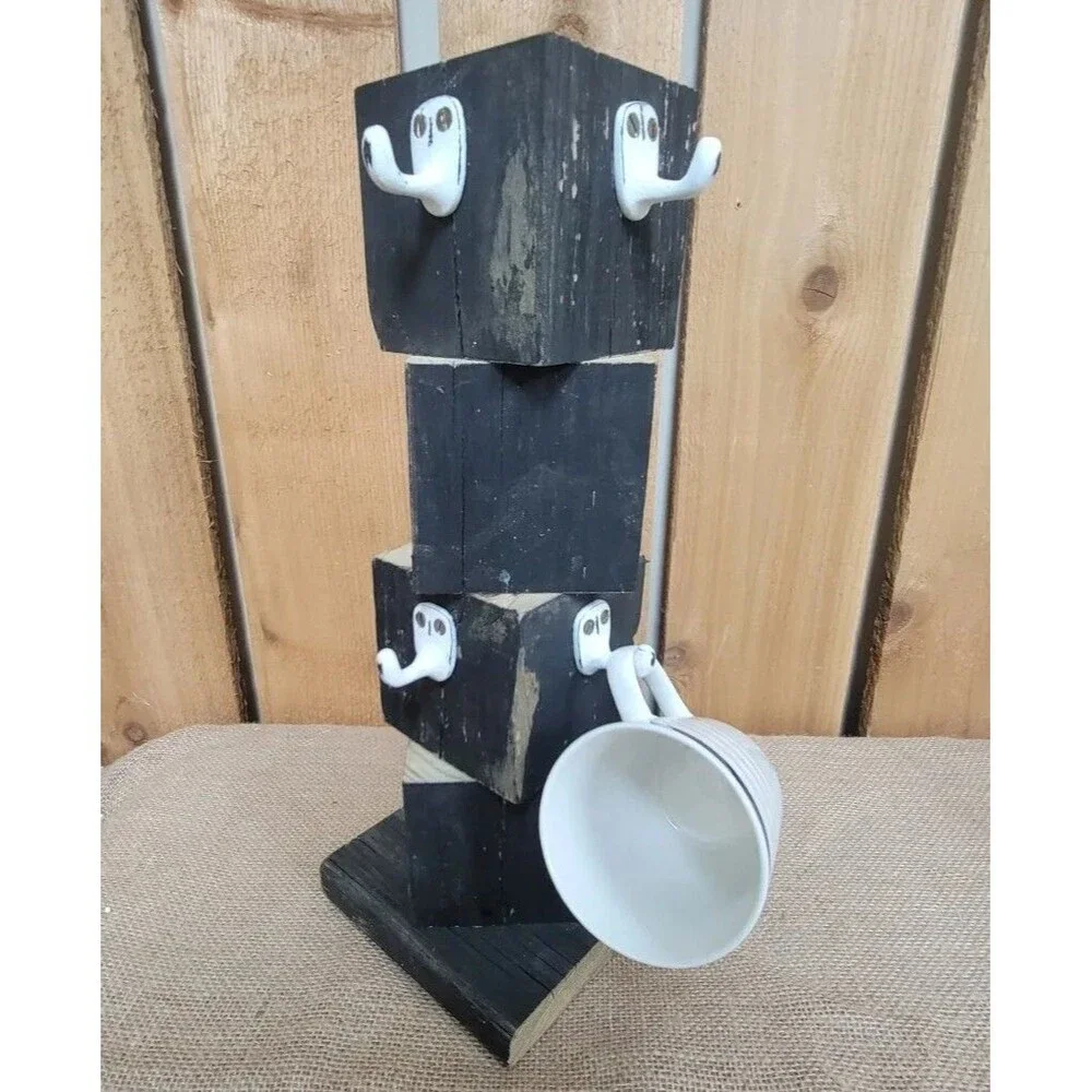 Mug Holder Wooden Rustic Farmhouse Coffee Cup Holds 8 Rotating Base Handmade