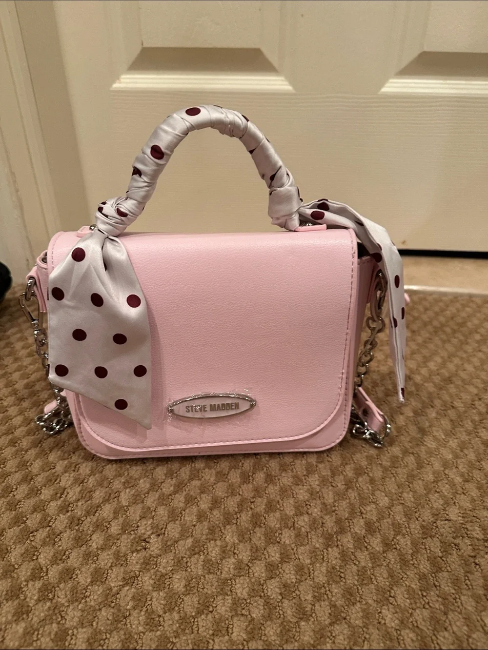 Steve Madden Light Pink Top-Handle Crossbody with Polka Dot Scarf