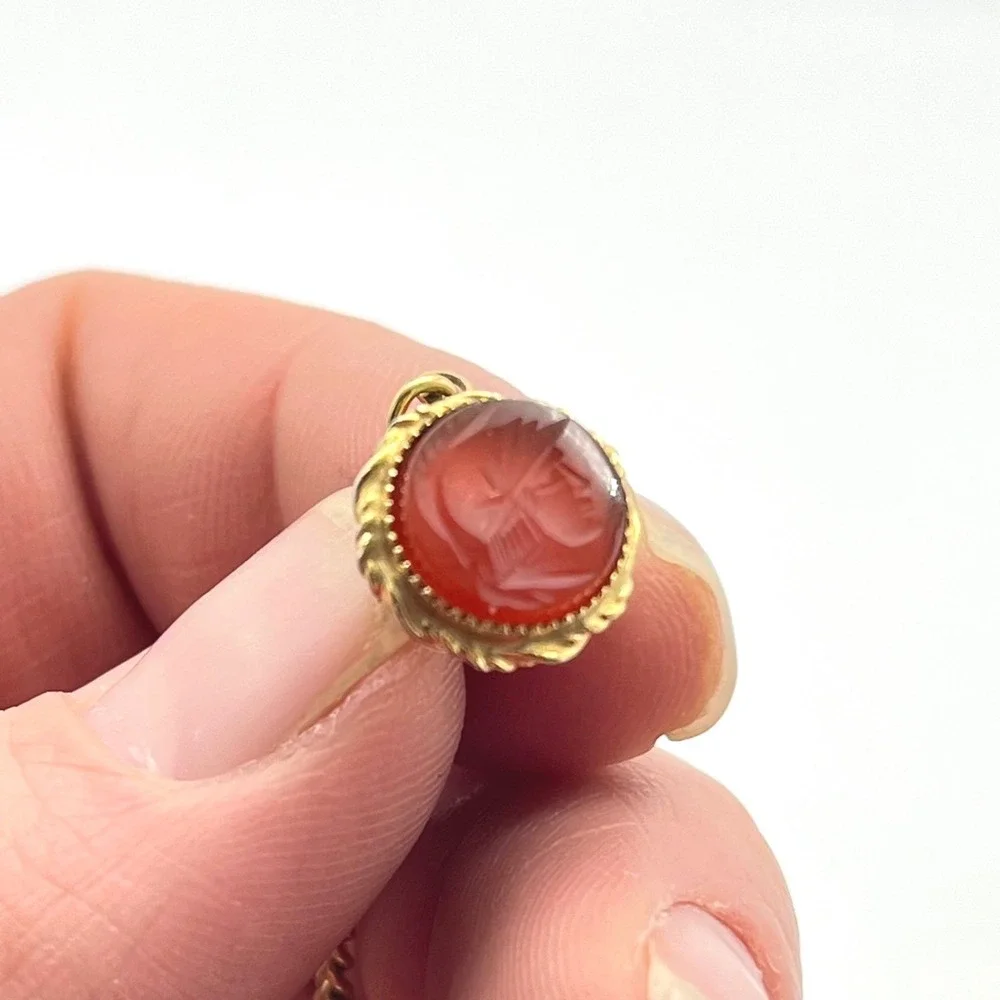 Vintage Gold Tone Red Intaglio Spartan‎ Tie Tack with Chain and T-Bar Accessory