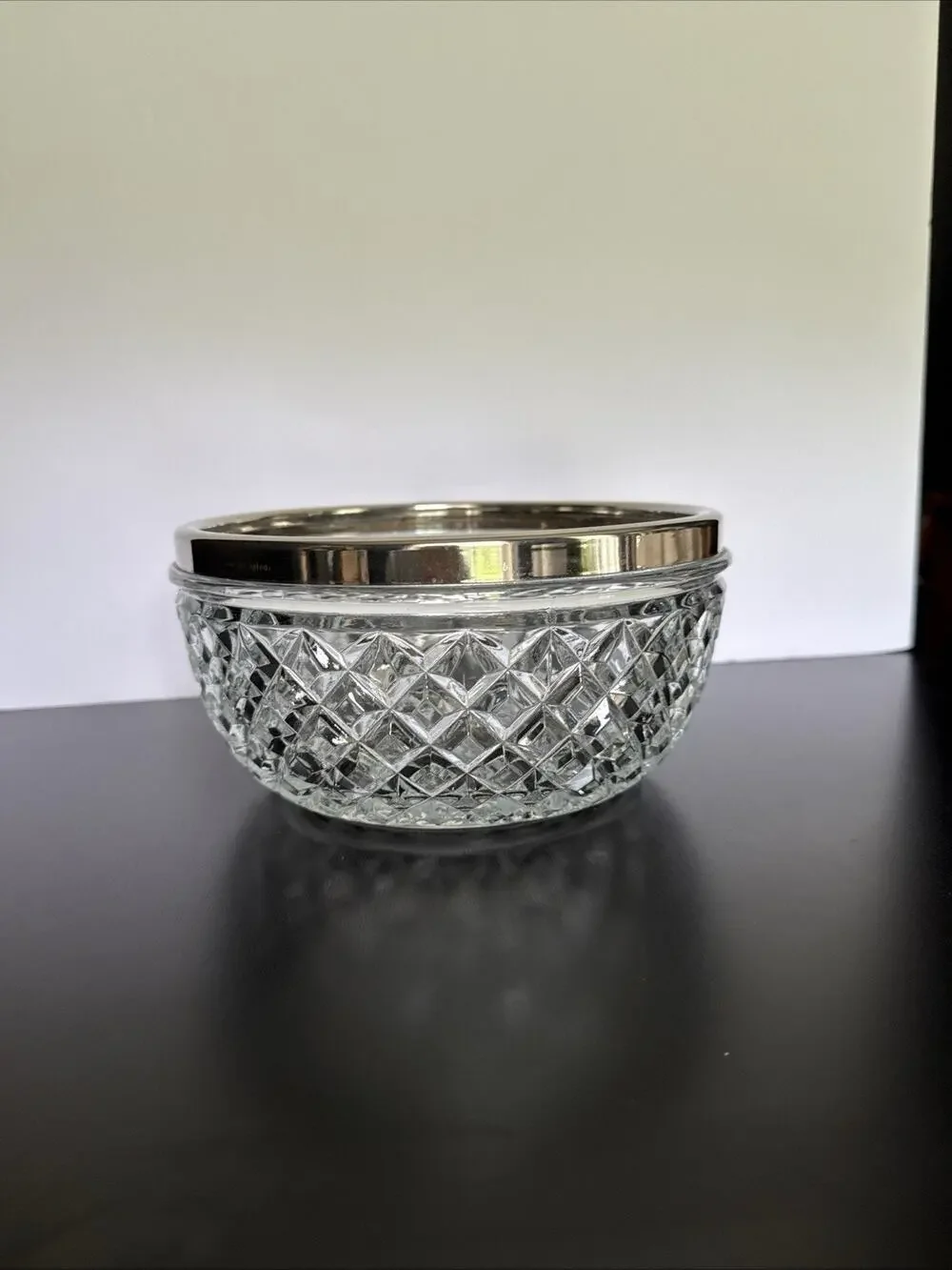 Vintage Raimond Crystal Silver Plated Rim Cut Glass Bowl 8 Inch Round Starburst