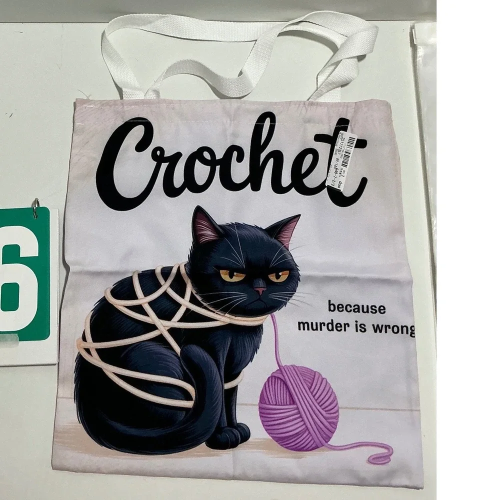 Crochet Because Murder Is Wrong Black Cat Canvas Tote Bag Humorous Novelty Gift