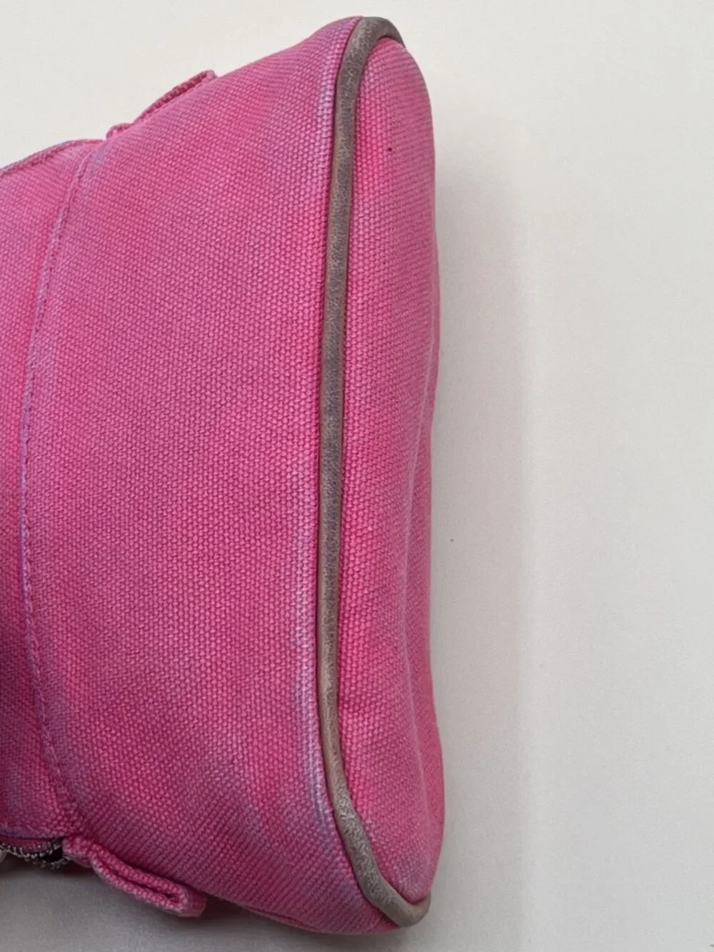 Hermes Cosmetic Pouch Pink-Red Canvas Zip Trousse Case Orange Lining Made in Fra