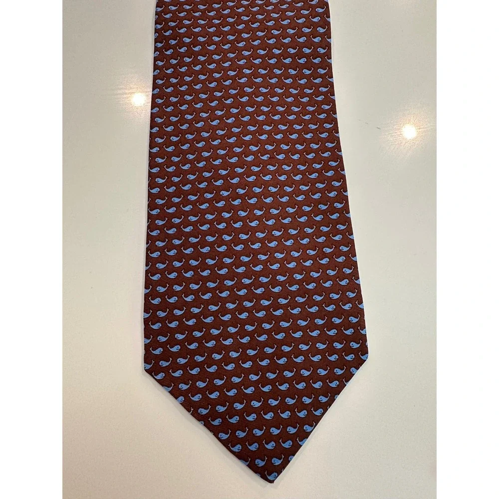 Brooks Brothers 346 Mens Silk Tie Brown Blue Whale Nautical Animal Print Necktie
