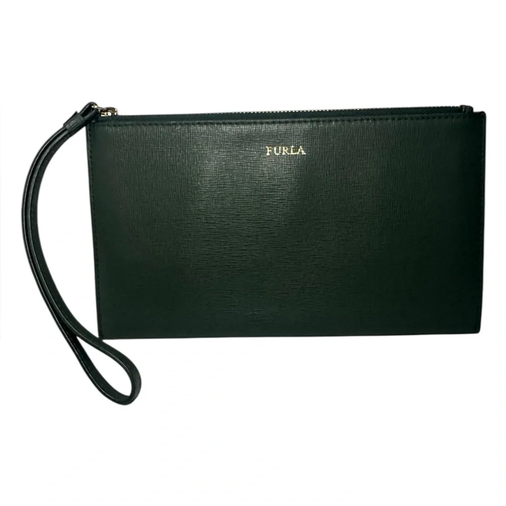 Furla EUC Deep Green Grained Italian Leather Large Wristlet