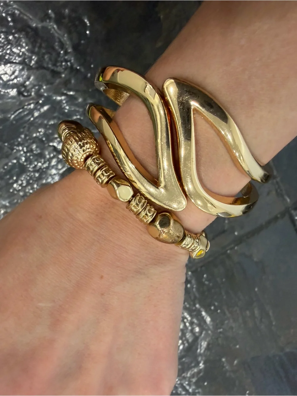 Gold Tone Sculptural Wave and Beaded Bracelet Set
