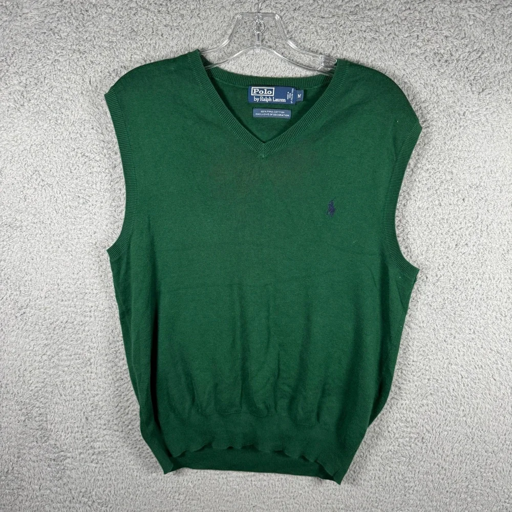 Polo Ralph Lauren Mens Green 100% Pima Cotton V-Neck Sweater Vest Medium