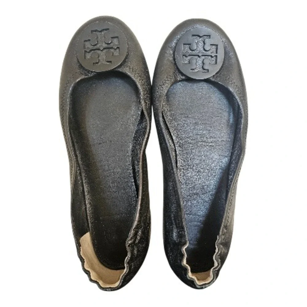 Tory Burch Black Soft Leather Big front Logo Boho Cottagecore‎ Ballet Flats sz 8