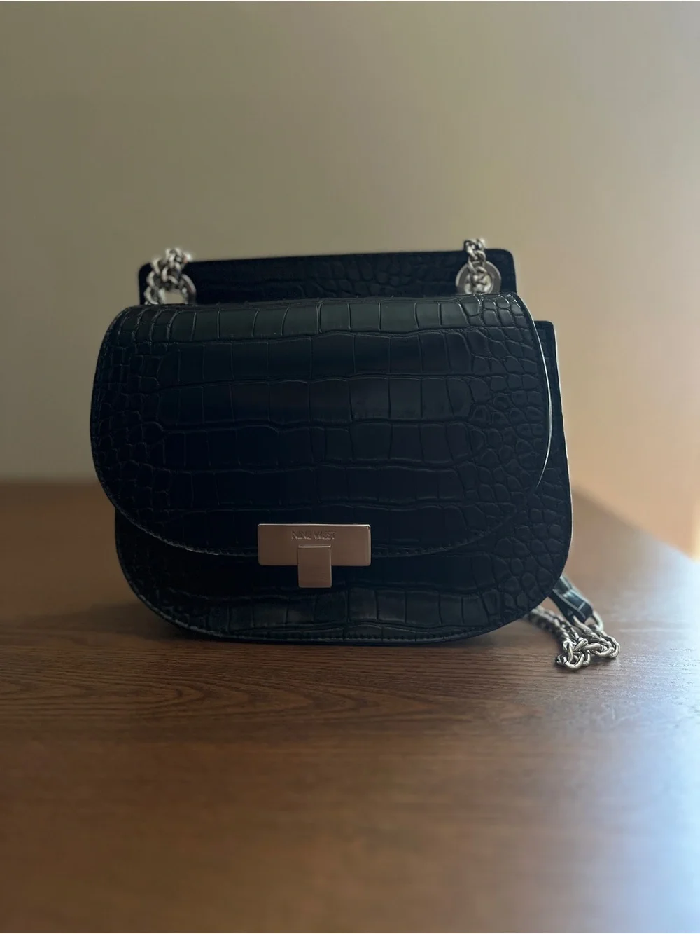 Nine West Black Croc-Embossed Crossbody Bag with Silver Hardware