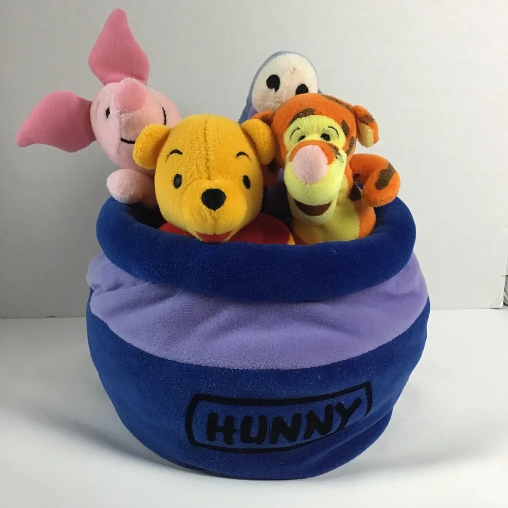 Vintage 90's Disney Winnie the Pooh & Friends Hunny Pot Plush 5 piece Rattle Set