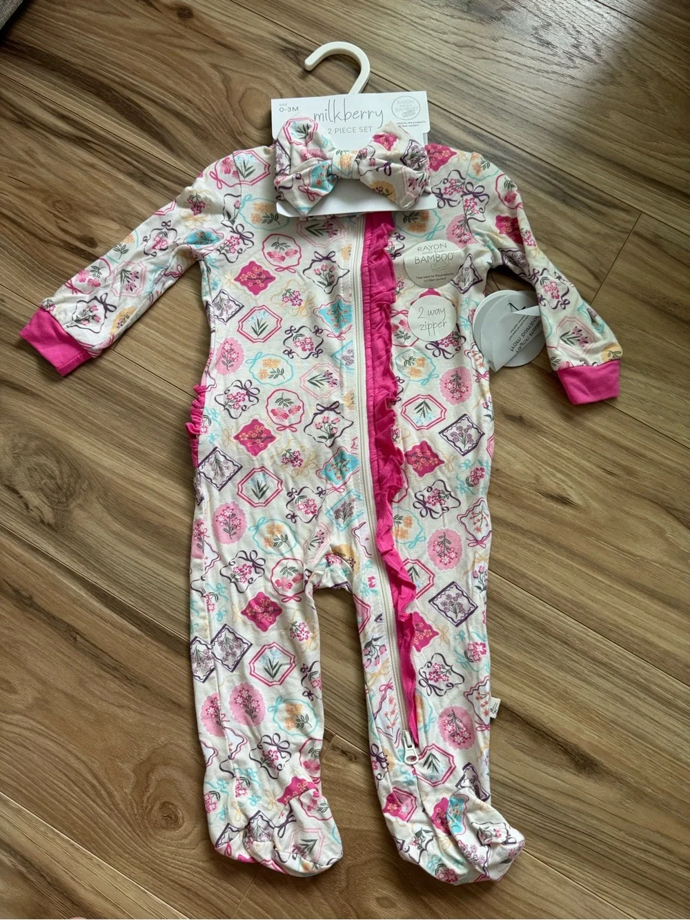 Milkberry Pink Floral Footed Baby One-Piece with Bow