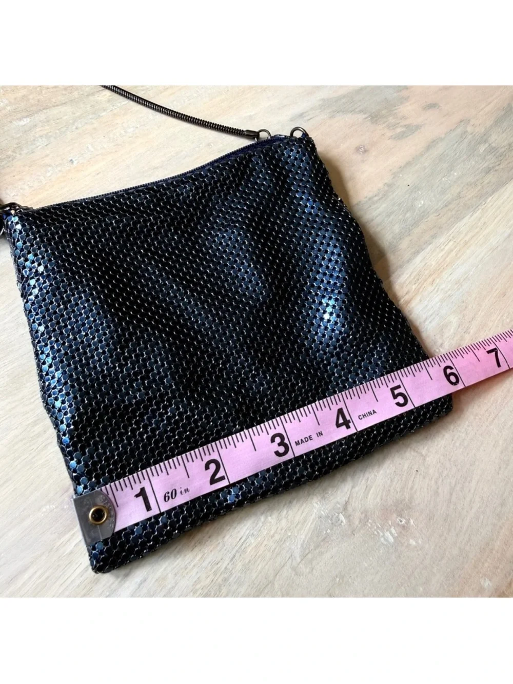 Whiting & Davis Denim Navy Blue Mesh Crossbody Bag