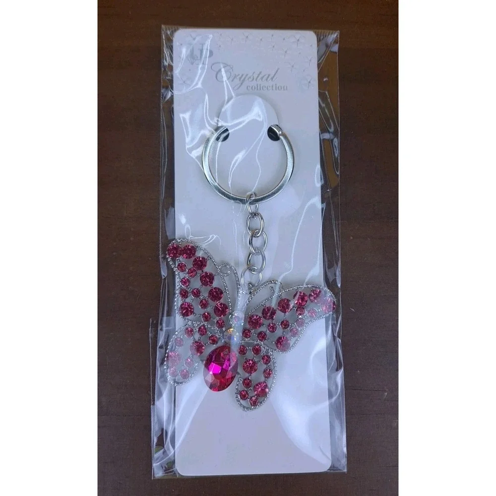 NIP Crystal‎ Collection Pink Crystal Butterfly Silver Tone Keychain Backpack