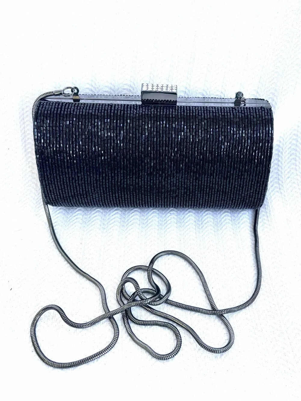 Vintage Lord & Taylor Black Beaded Cylinder Evening Clutch with Chain Strap